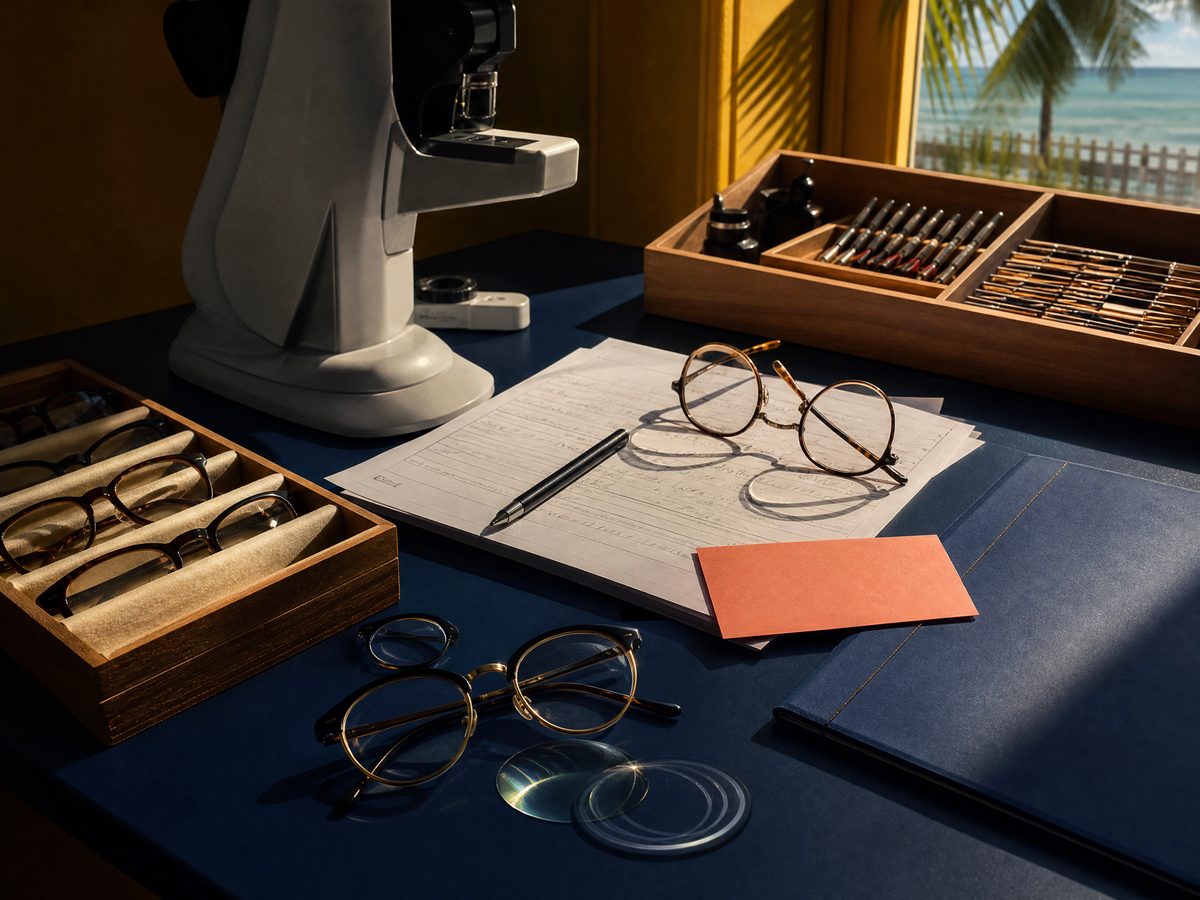 Optical practice desk with frames, forms, and a cobalt folder